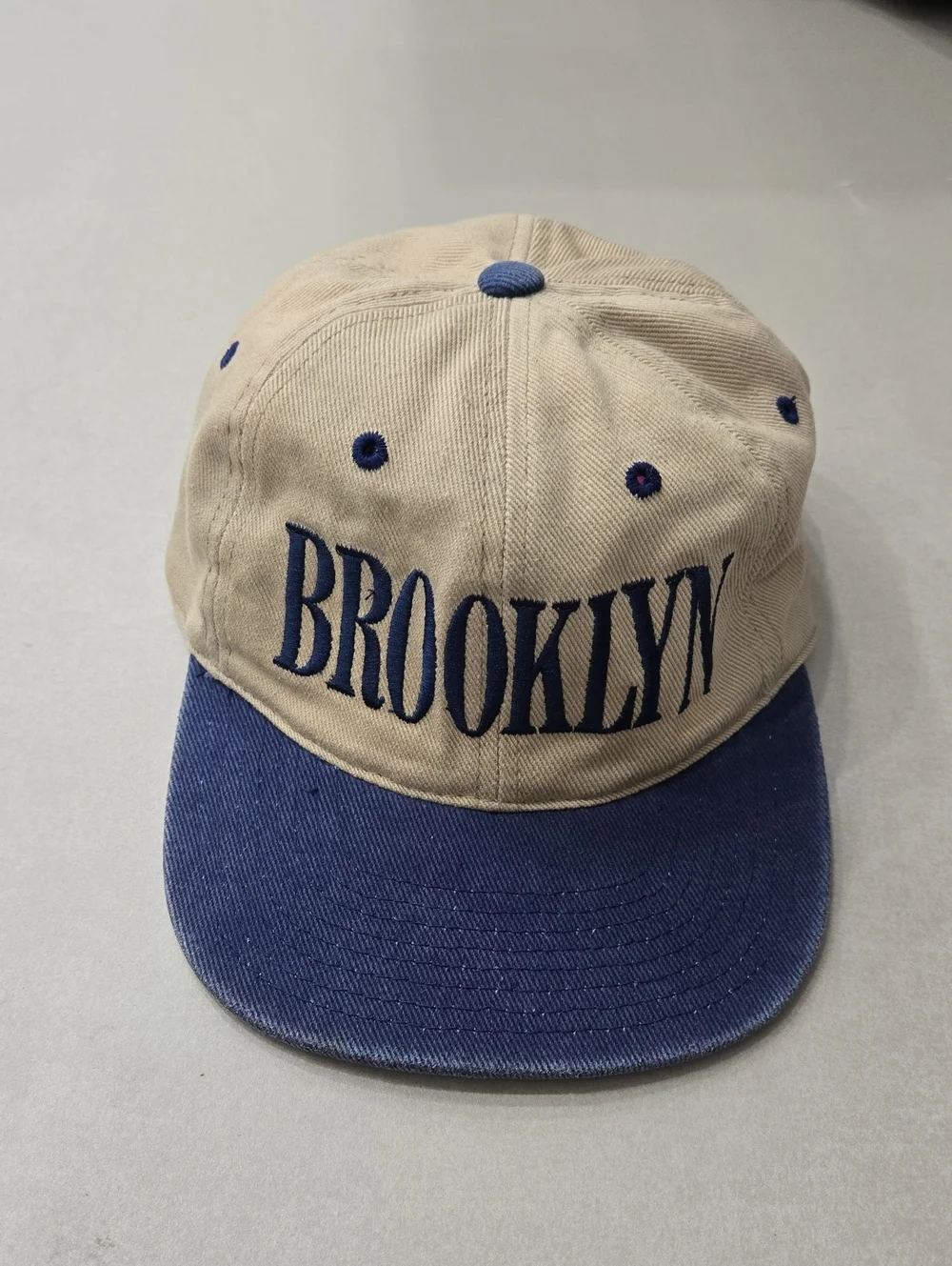 Vintage 'Brooklyn' Embroidered Unisex Baseball Cap - Beige and Navy